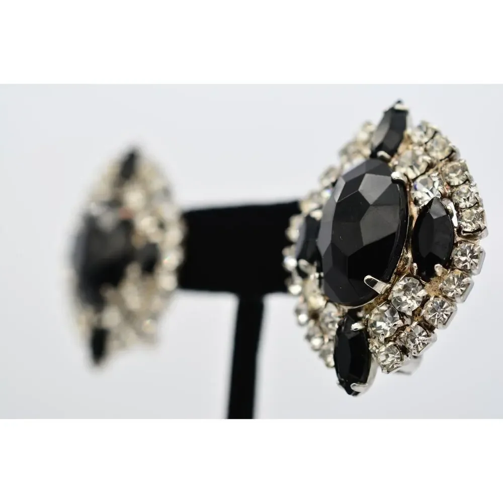 Vintage Black Clear Rhinestone Crystal Cluster Statement Clip On Earrings BinAF